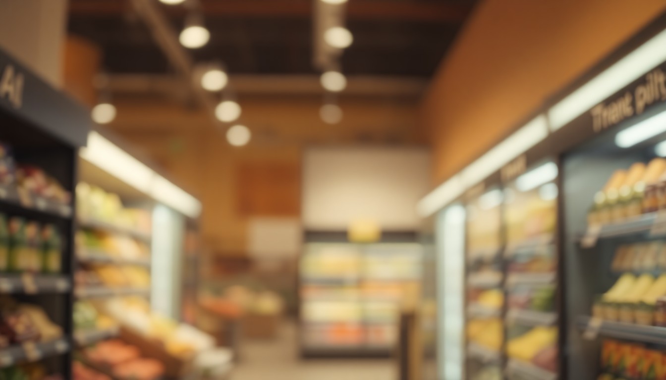 An abstract, impressionistic photograph in soft, warm tones depicting the blurred interior of a grocery store, with indistinct shapes and colors representing shelves, produce, and lighting, conveying a sense of nostalgia and loss.