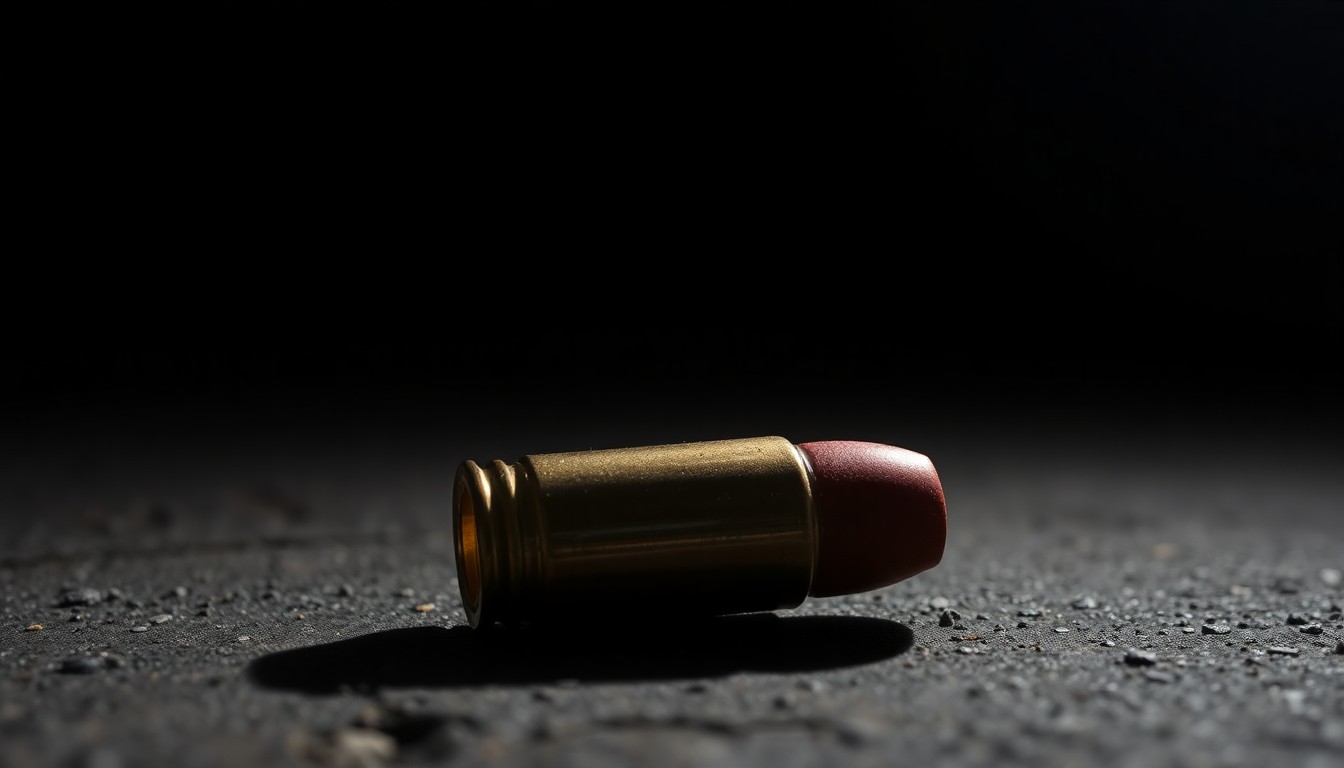 An extreme close-up of a spent bullet casing on a dark concrete surface, lit by a harsh, direct camera flash, conceptually representing the violence and investigation surrounding the deadly attacks.