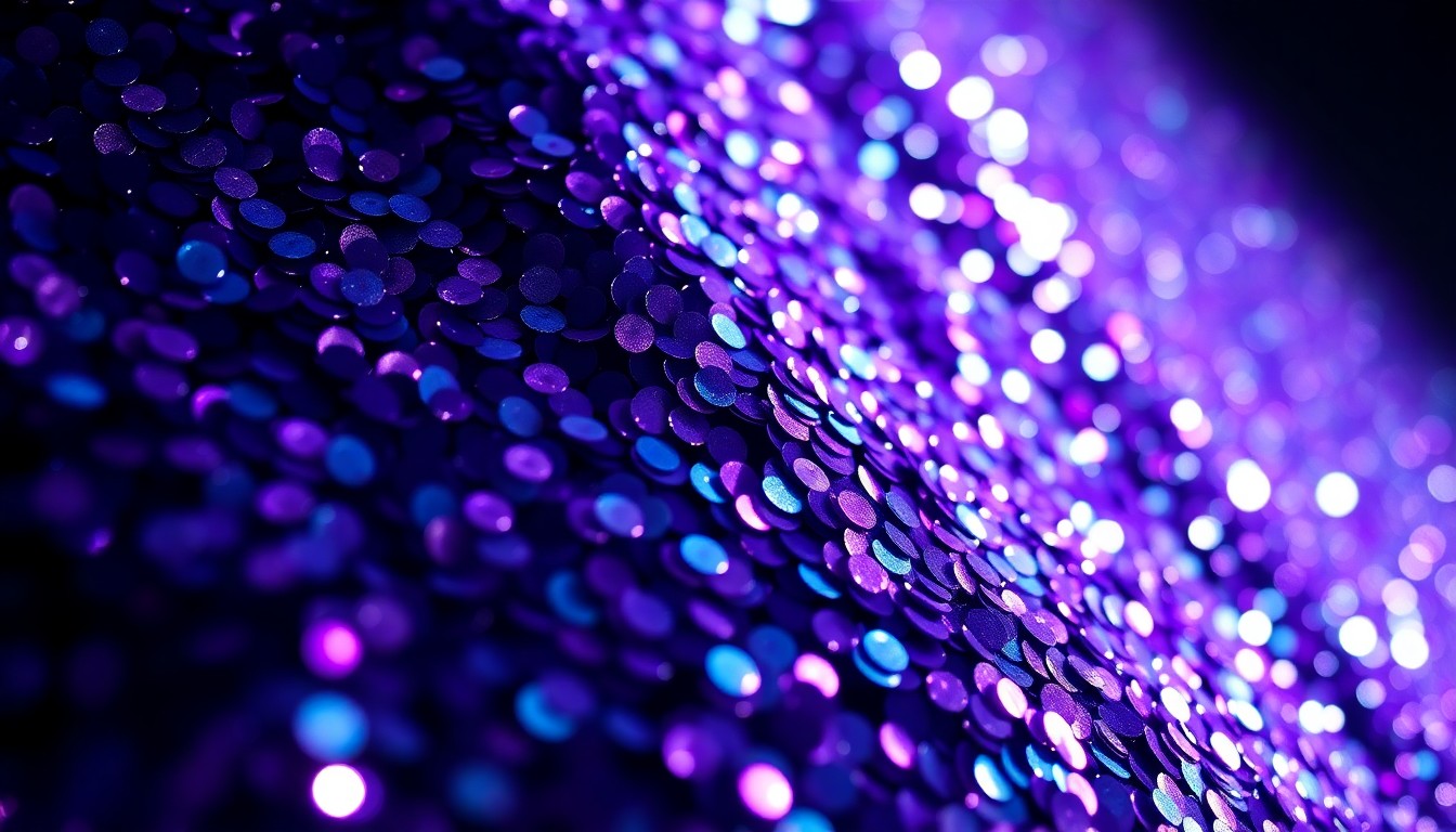 An abstract close-up photograph of shimmering, high-contrast sequins in vibrant shades of purple, blue, and silver, conveying the glamour and energy of a major music festival performance.