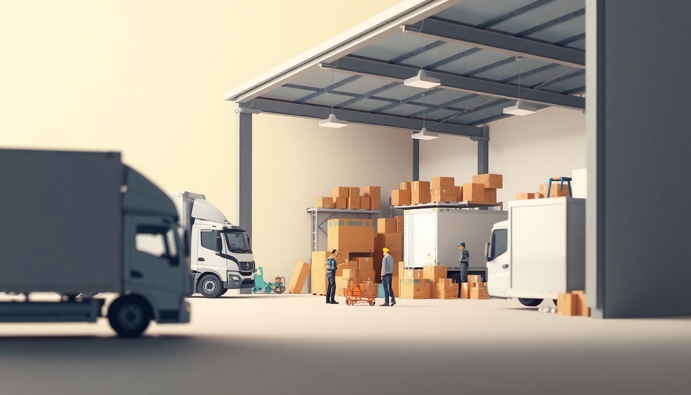 A miniature, stylized 3D digital illustration depicting a modern, well-equipped moving company warehouse with trucks, equipment, and workers preparing for a relocation, conveying a sense of efficiency and professionalism.