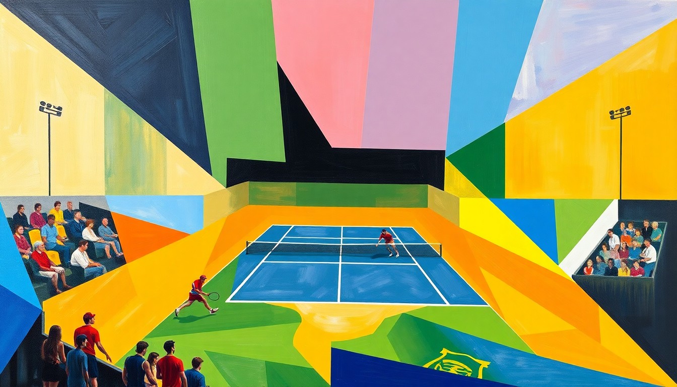 A cubist-style painting featuring overlapping geometric shapes and planes in the school colors of Fort Campbell and Hopkinsville, representing the action and energy of a tennis match.