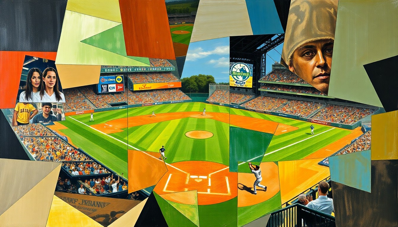 A cubist-style painting depicting a baseball game or match, with the players and field broken down into sharp, overlapping geometric shapes and planes in a vibrant color palette, capturing the dynamic energy of the sport.