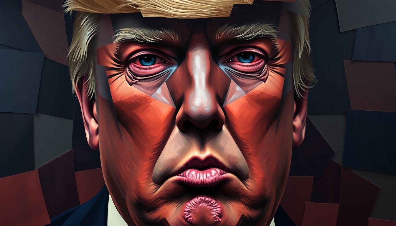 A surreal, fragmented painting of Donald Trump's face in dark, overlapping geometric shapes and brushstrokes, conveying a sense of his mental instability and deteriorating grip on reality.