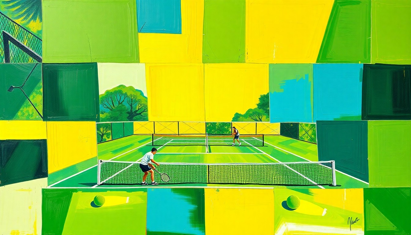 A dynamic, fragmented painting depicting a high school tennis match, with sharp geometric shapes in shades of green, yellow, and blue conveying the energy and movement of the sport.