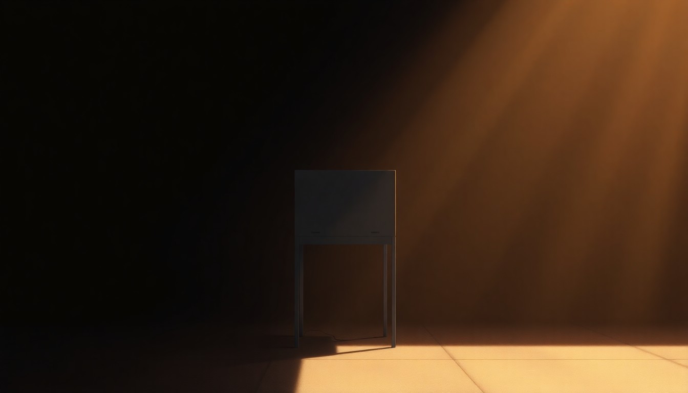 A serene, photorealistic painting of a lone ballot box sitting on a table, with warm sunlight streaming in through a window and casting deep shadows across the scene, capturing the quiet importance of the upcoming special election.