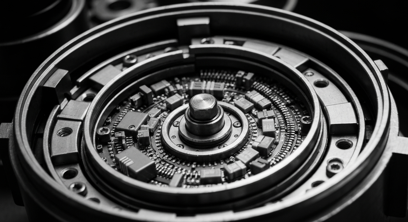 A high-contrast black and white close-up photograph of the intricate inner workings and components of an industrial sensor, representing the heavy, tangible nature of Sensata's financial technology products.