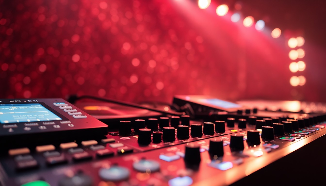An abstract close-up image of shimmering, high-contrast electronic music equipment textures, conveying the glamour and energy of a music festival stage without any literal objects or people.
