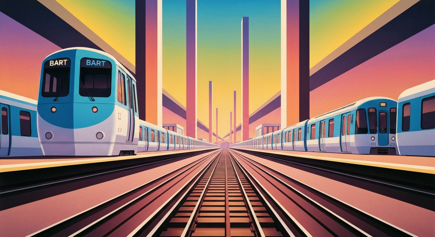 A highly stylized, geometric illustration in the Art Deco Monumentalist style, depicting the towering, streamlined forms of BART trains and stations against a backdrop of smooth, airbrushed gradients, capturing the grand scale and transportation-focused nature of the system.