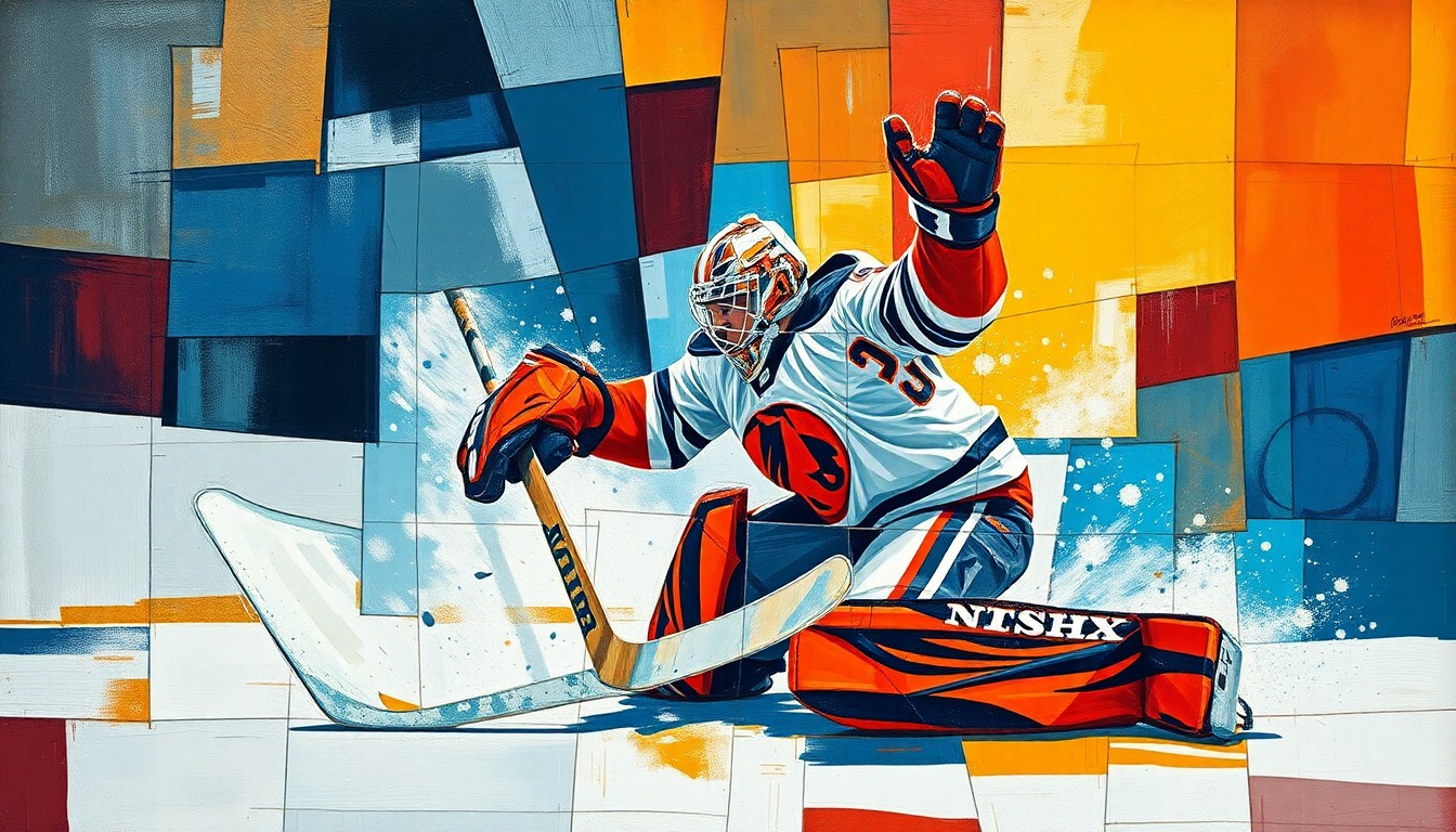 A cubist, geometric painting depicting a hockey goaltender making a save, with the player's body and equipment broken down into sharp, overlapping planes of color and shape, conveying the raw energy and motion of the sport.