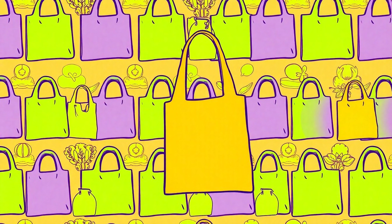 A highly stylized, abstract grid of a single, iconic lifestyle object such as a reusable grocery bag or organic produce, rendered in a bold, neon color palette with heavy black outlines, conceptually representing the celebratory energy of a community-driven retail milestone.