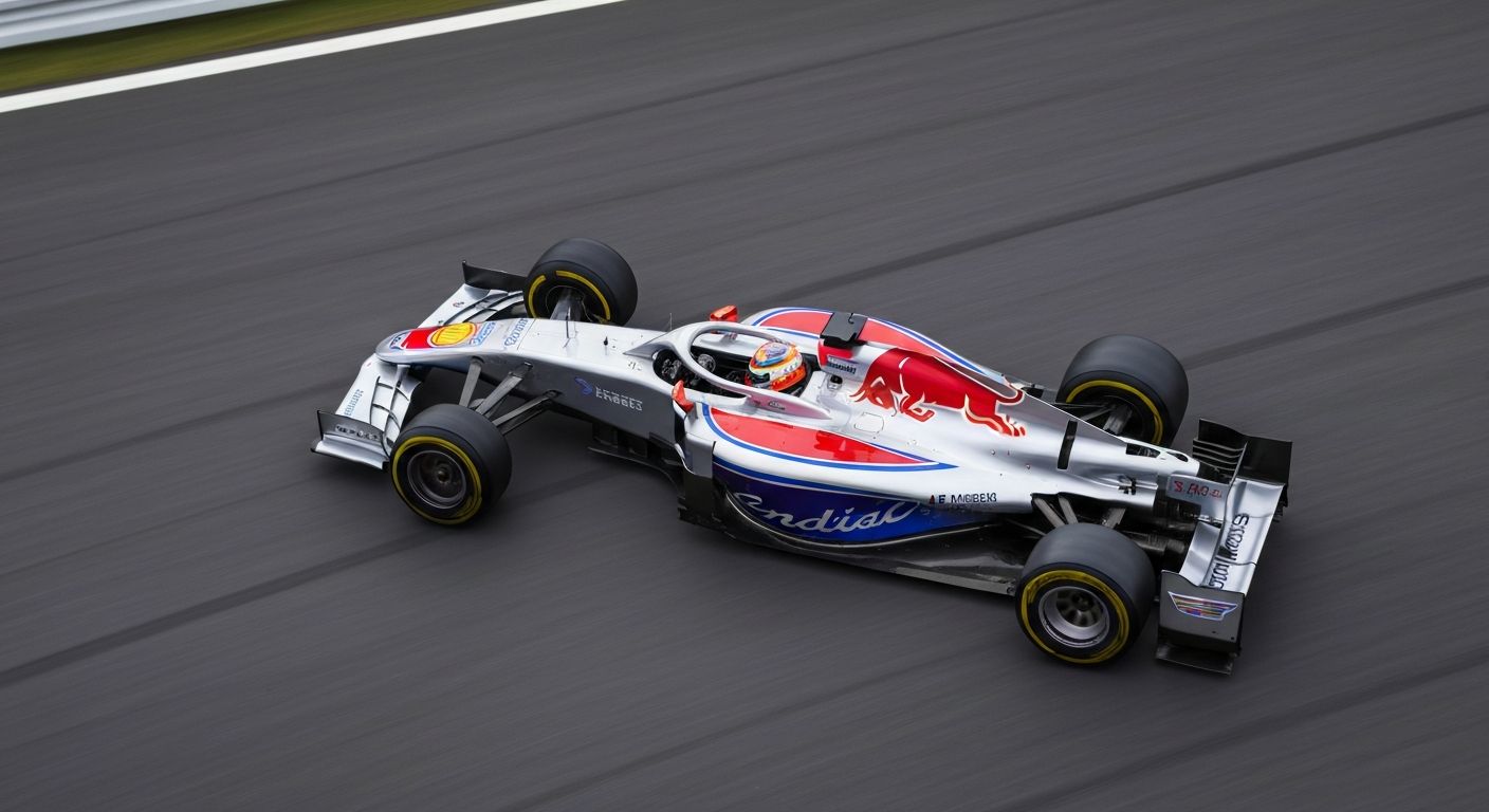A dynamic, abstract image of a Cadillac Formula 1 car captured in a blur of vibrant colors, conveying the speed and power of the new American racing team.