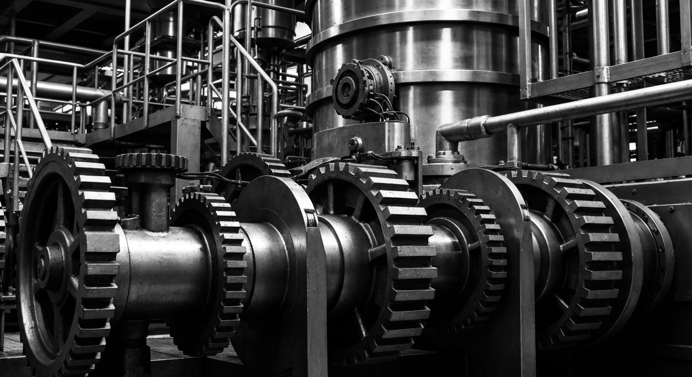 A high-contrast black and white close-up image of the complex gears, pipes, and machinery of an industrial beverage bottling plant, conceptually representing the financial security and institutional power of Coca-Cola's global operations.