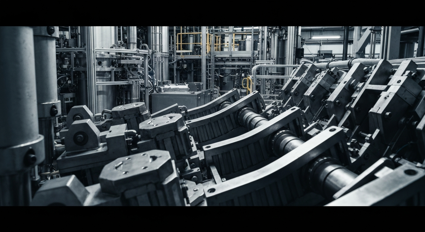 A high-contrast, close-up image of the intricate mechanisms and components inside a pharmaceutical manufacturing facility, representing the scale and precision of modern biopharmaceutical production.