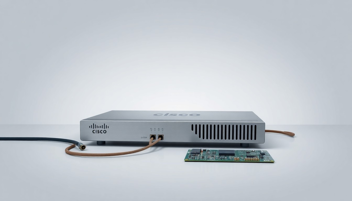 A photorealistic studio still-life featuring a polished metal router, fiber optic cable, and circuit board arranged elegantly on a clean, monochromatic background, symbolizing Cisco's core networking technologies.
