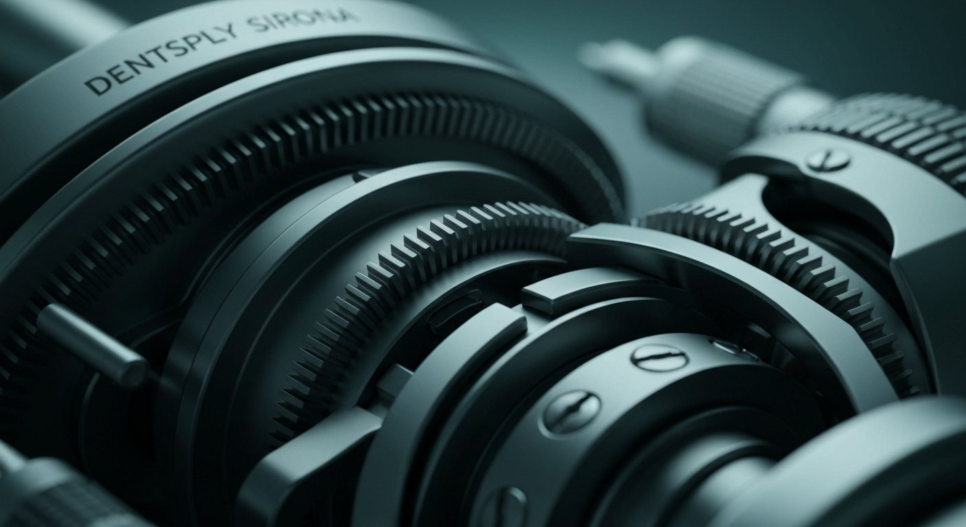 A highly detailed, black-and-white close-up image of the gears, springs, and other mechanical components of a dental instrument, conveying the complex and precise nature of the company's products.