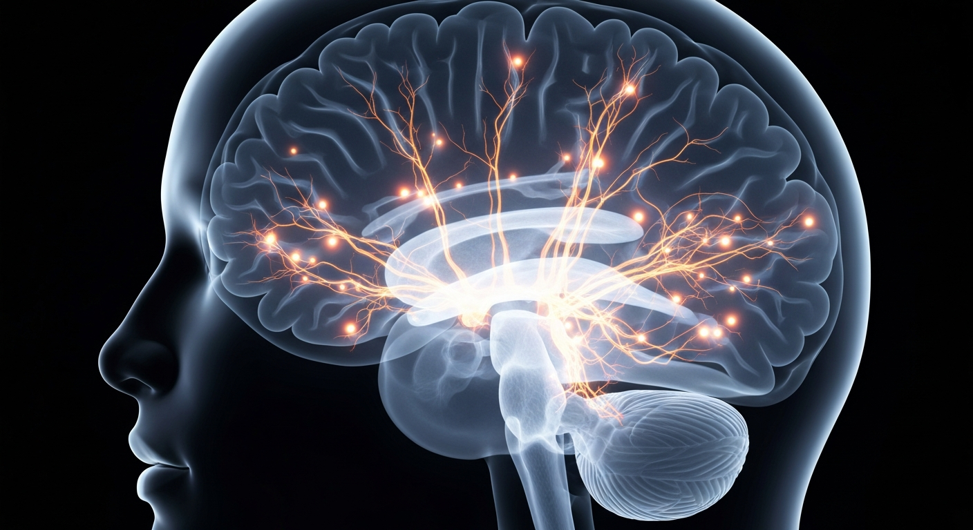 A translucent, ghostly X-ray image of a human brain, with glowing neural structures and pathways visible against a dark background, conceptually representing the potential of new brain stimulation therapies to treat depression.