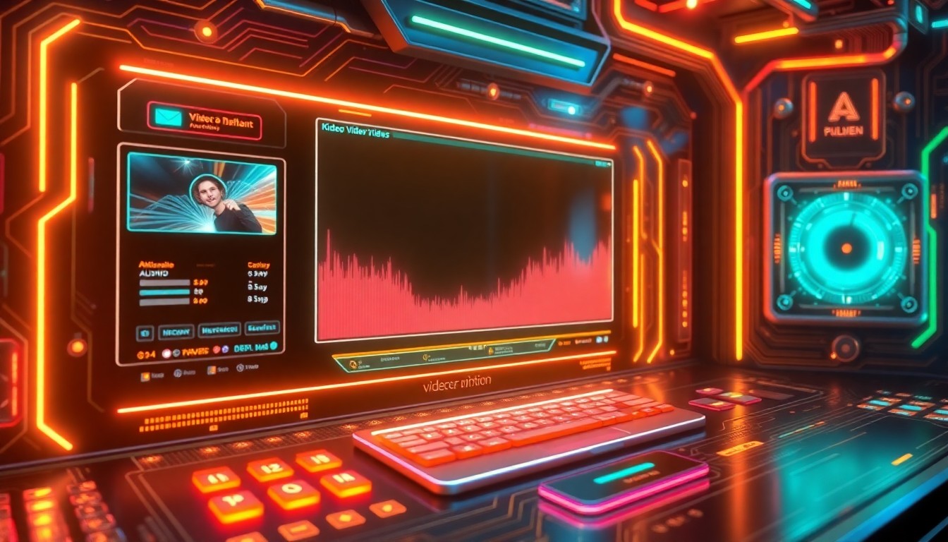 A highly detailed, glowing 3D illustration of a futuristic video editing interface, with pulsing neon lights, holographic displays, and intricate circuit board patterns, conceptually representing the advanced capabilities of Golpo AI's new 'Own Narration' feature.