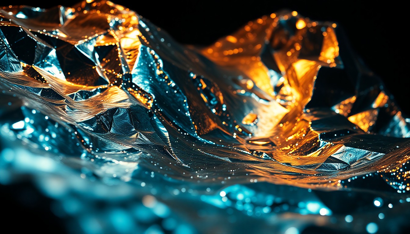 An extreme close-up of shimmering, reflective metallic textures in dramatic studio lighting, conceptually representing the high-tech, futuristic themes of a sci-fi film about alien disclosure.