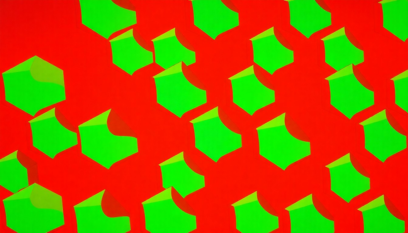 A bold, silkscreen-style illustration featuring a repeating pattern of a single, iconic HYBYCOZO geometric sculpture rendered in vibrant neon colors and heavy black outlines, capturing the essence of the artist collective's work in a modern pop art style.