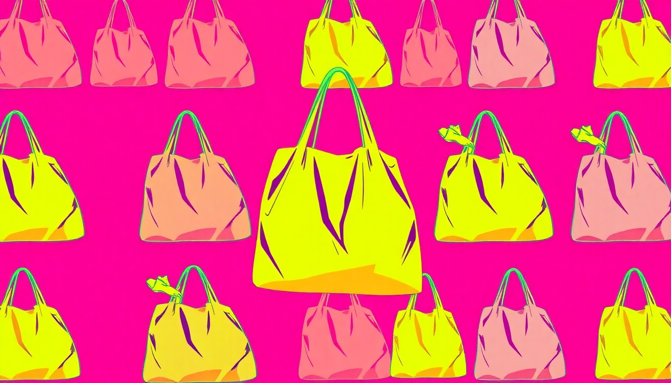 A brightly colored, high-contrast silkscreen print of an iconic reusable grocery bag repeated in a tight grid pattern, conceptually representing the community-focused values and sustainable products of a long-running natural food cooperative.