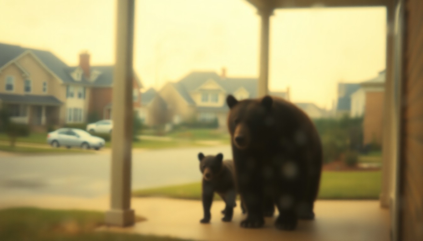 An abstract, soft-focus image of a residential street with a blurred bear and her cubs emerging from the shadows under a porch, conveying the mood of an unexpected wildlife encounter in a suburban setting.