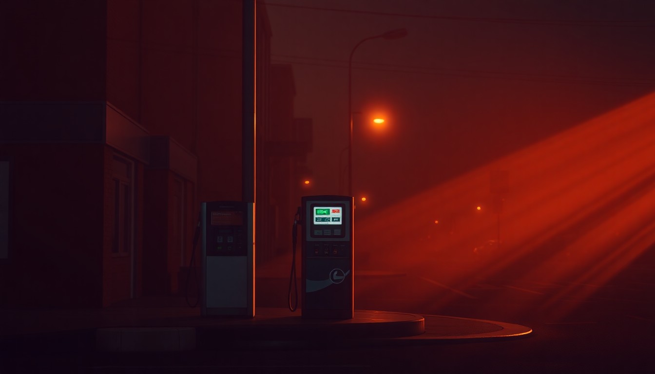 A photorealistic painting of a lone gas pump on a city street, the pump standing solitary under warm, angled sunlight and deep shadows, conveying a sense of melancholy and economic hardship.