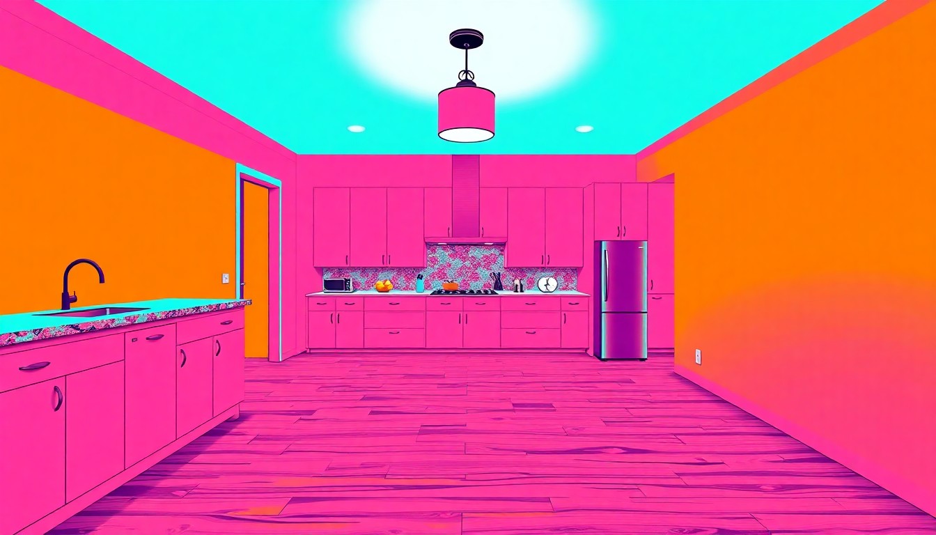 A vibrant, abstract silkscreen print featuring a repeated pattern of a luxury home feature, such as a granite countertop or hardwood floor, in a bold, neon color palette, conceptually representing the high-end finishes and design of the property.