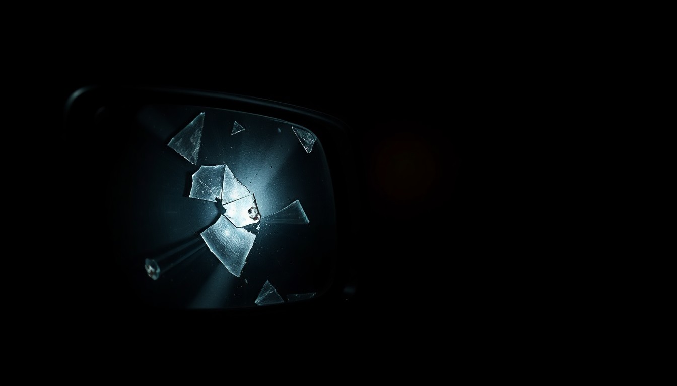 An extreme close-up photograph of a shattered car side mirror reflecting a faint light, conceptually illustrating the aftermath of a hit-and-run accident.