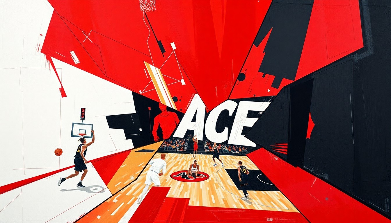 A cubist, geometric painting depicting a fragmented WNBA basketball game, with sharp planes of red, white, and black representing the dynamic action and energy of the sport.