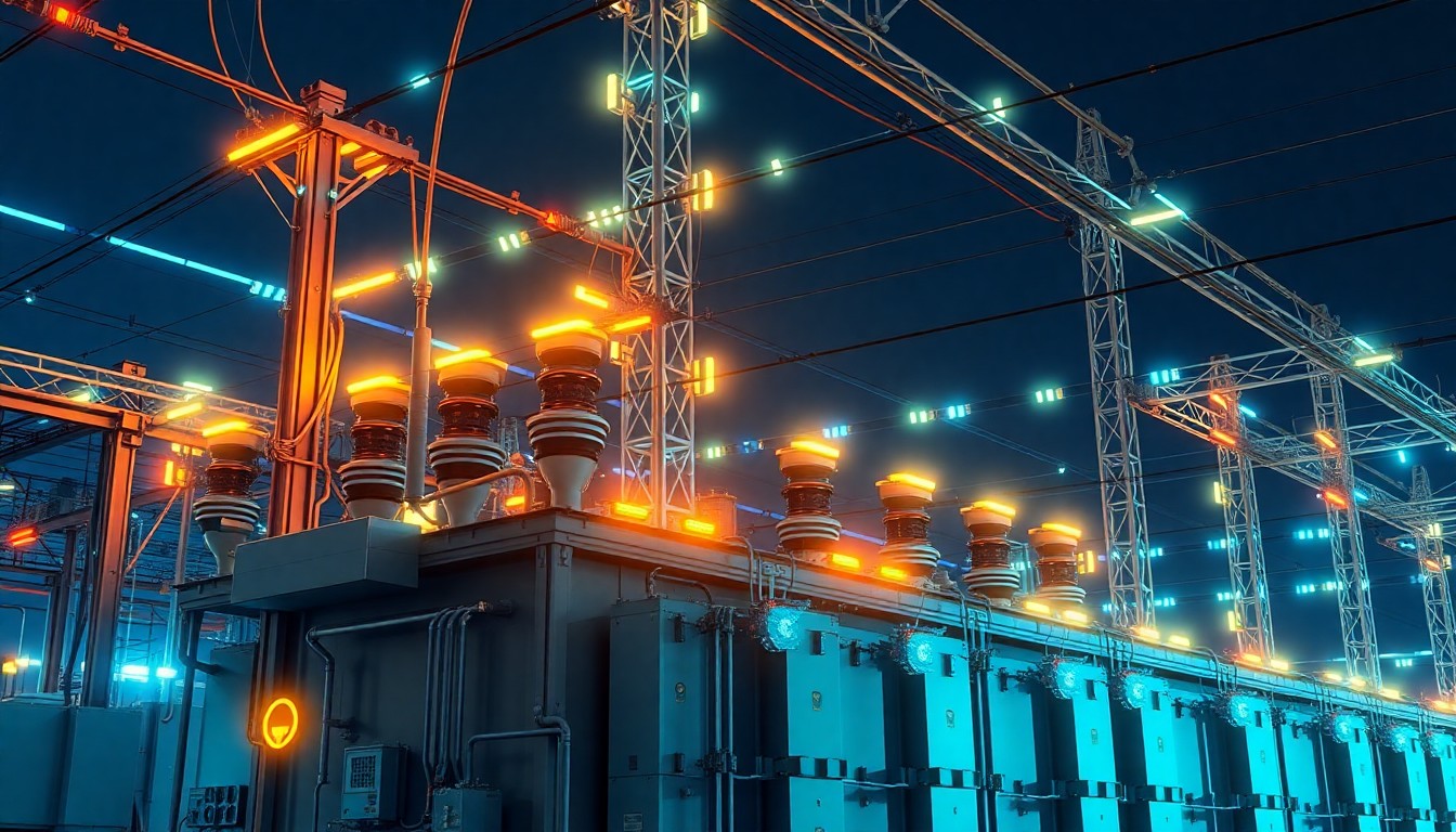 A highly detailed, glowing 3D illustration of a towering electrical substation with pulsing neon-lit power lines and transformers, conceptually representing the critical infrastructure powering a data center expansion in North Dakota.