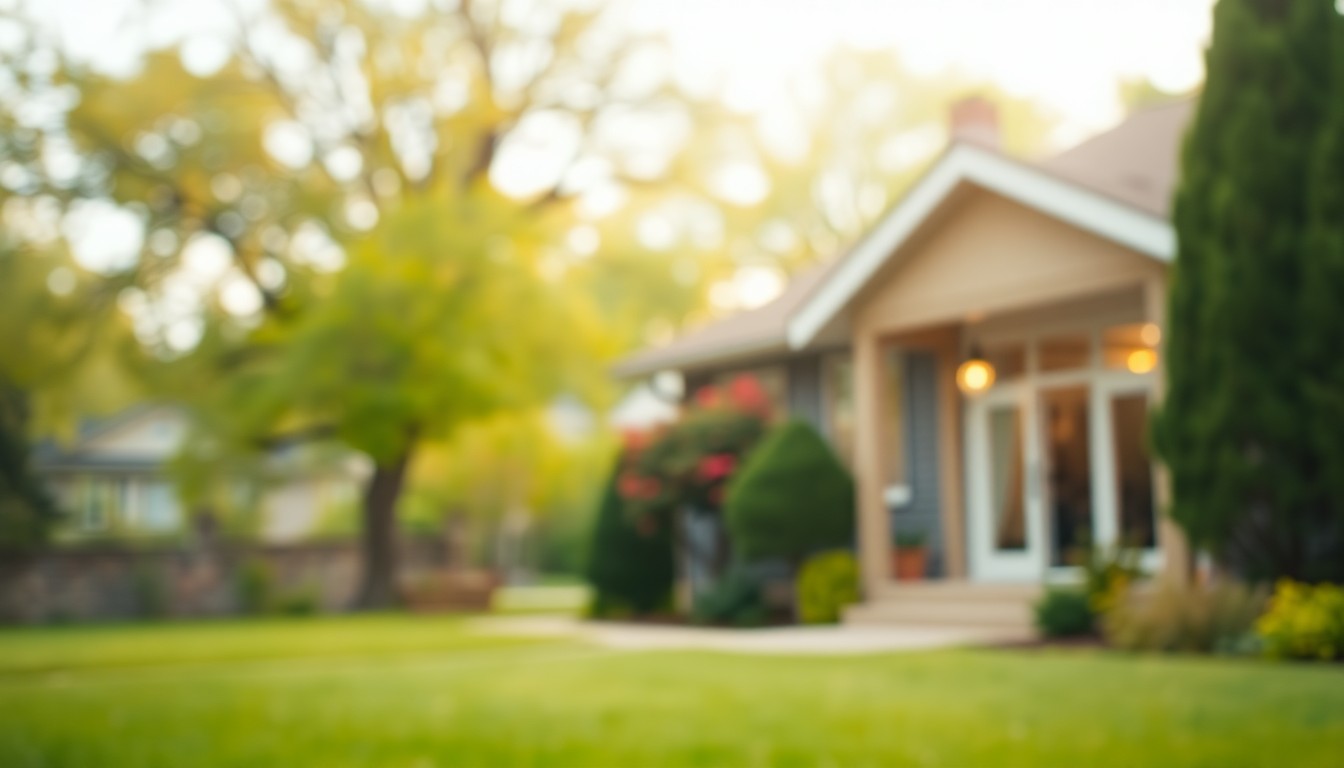 A soft, abstract photograph in warm, hazy tones depicting the exterior of a suburban home with a lush lawn and blurred trees in the background, conveying a sense of cozy, comfortable living.