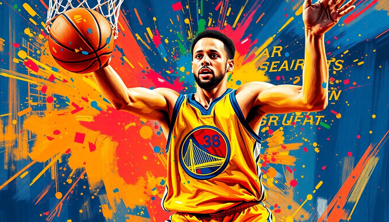 An abstract, expressionist painting in neon colors depicting the blurred, dynamic motion of a basketball player driving to the hoop, capturing the raw energy and intensity of the moment.