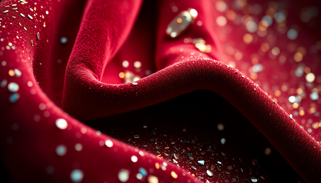 An extreme close-up photograph of shimmering, high-end fabric textures in dramatic studio lighting, conceptually representing the glamour and opulence of a celebrity's luxury home.