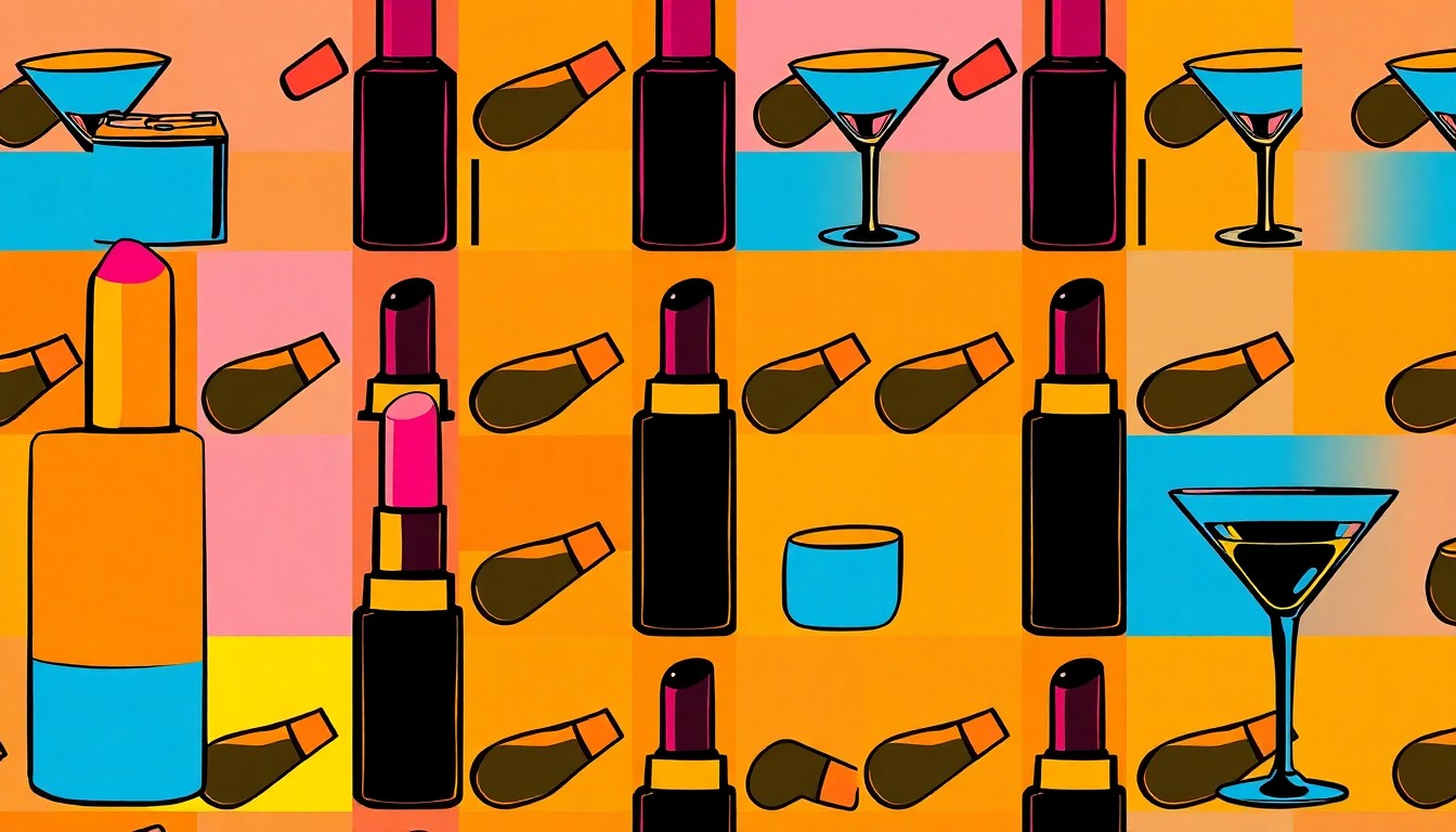 A brightly colored, high-contrast silkscreen print of a single, iconic lipstick or cocktail glass repeated in a tight grid pattern, utilizing flat, vibrant, and unnatural neon color palettes overlapping with heavy black photographic outlines to turn everyday consumer habits into modern pop art.