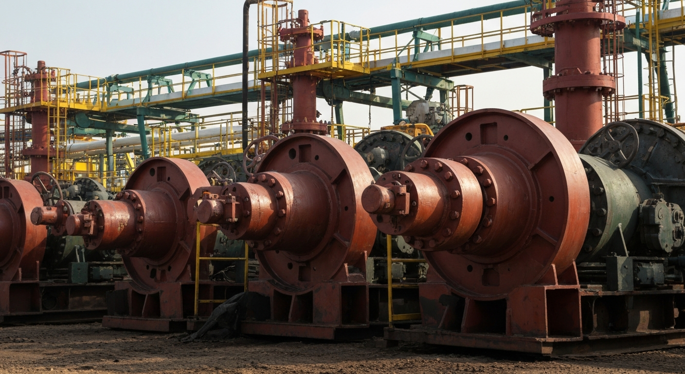 An extreme close-up of rugged, industrial natural gas extraction equipment, conveying the physical scale and power of the energy industry through its heavy, textured metal components and dramatic lighting.