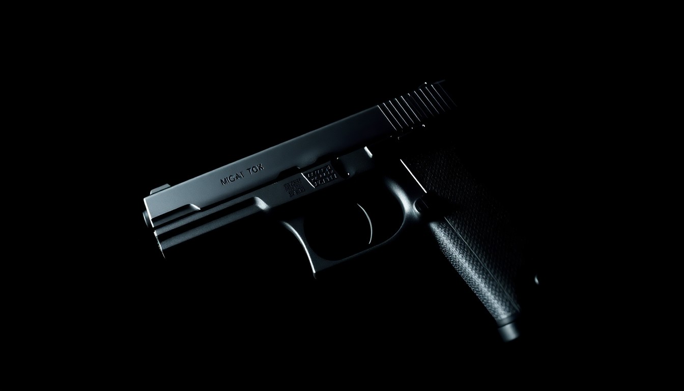 An extreme close-up photograph of a partially concealed handgun against a pitch-black background, lit by a harsh, direct camera flash, conceptually illustrating the discovery of a firearm during a routine traffic stop.