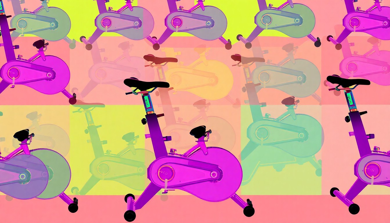 A vibrant, high-contrast silkscreen illustration featuring a grid of stationary exercise bikes in bold, neon colors, conceptually representing the energy and community spirit of a fitness-focused fundraising event.