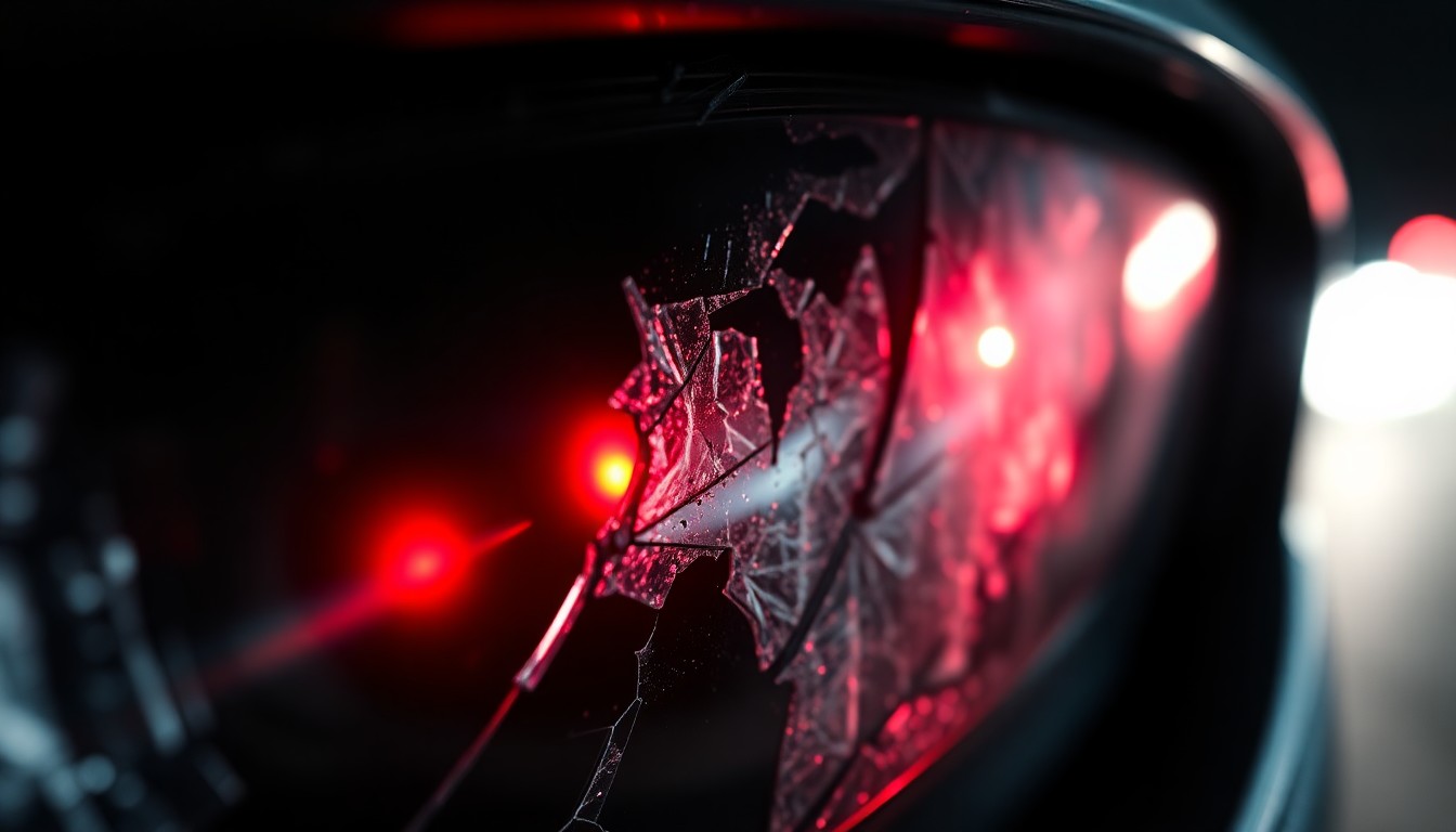 An extreme close-up of a shattered car sensor lens reflecting a faint red light, conceptually illustrating the aftermath of a serious traffic collision.