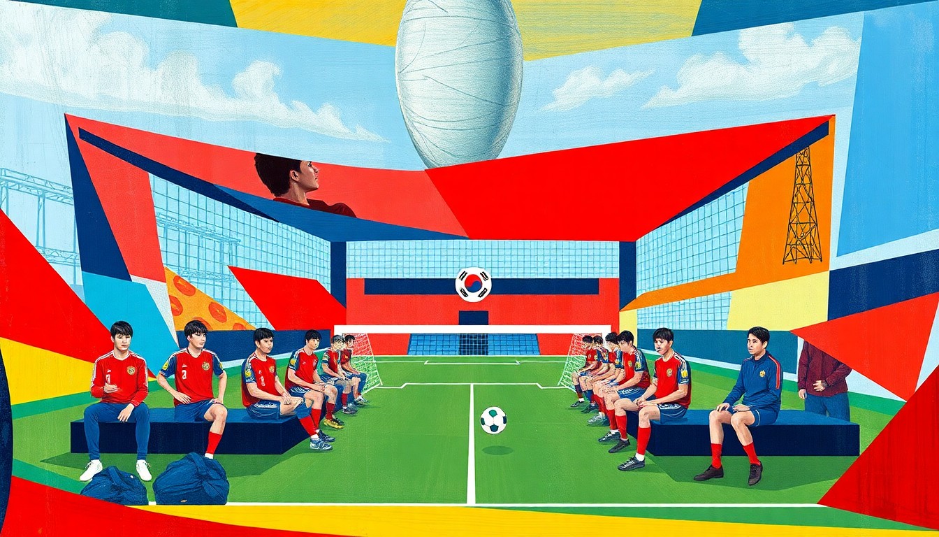 A cubist, geometric painting depicting the South Korean national football team's training preparations for the 2026 World Cup, with abstract shapes and planes of red, blue, and gold representing the players, coaches, and facilities.