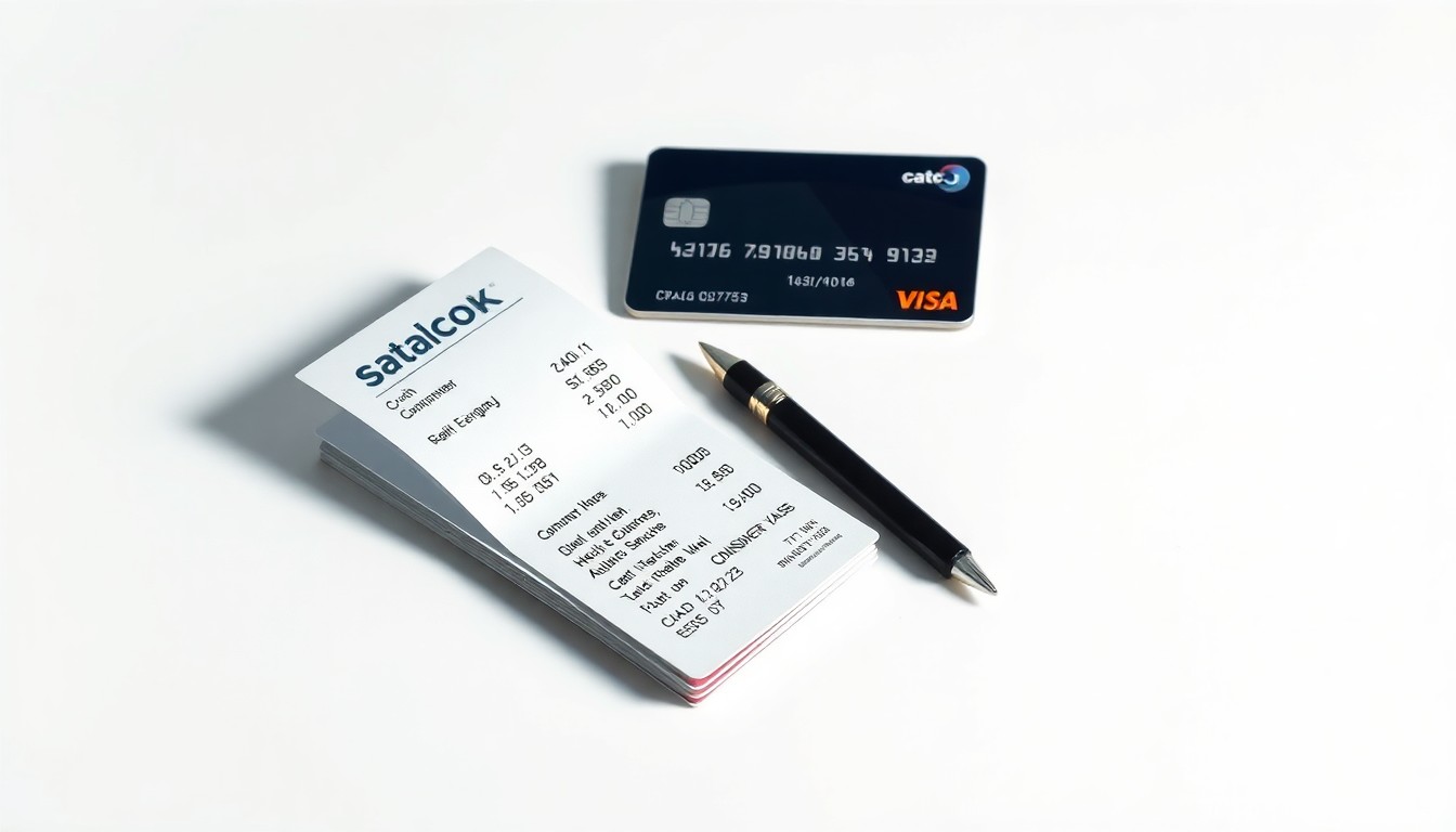 A photorealistic studio still life featuring a stack of credit cards, a cash register receipt, and a pen arranged on a clean, monochromatic background, symbolizing the tensions between small businesses and consumer protection laws around credit card transaction fees.