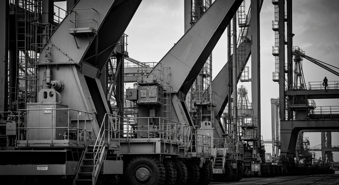 A high-contrast, black-and-white close-up photograph of heavy industrial equipment and machinery used in port logistics operations, conveying a sense of scale, power, and the complex infrastructure behind global trade.