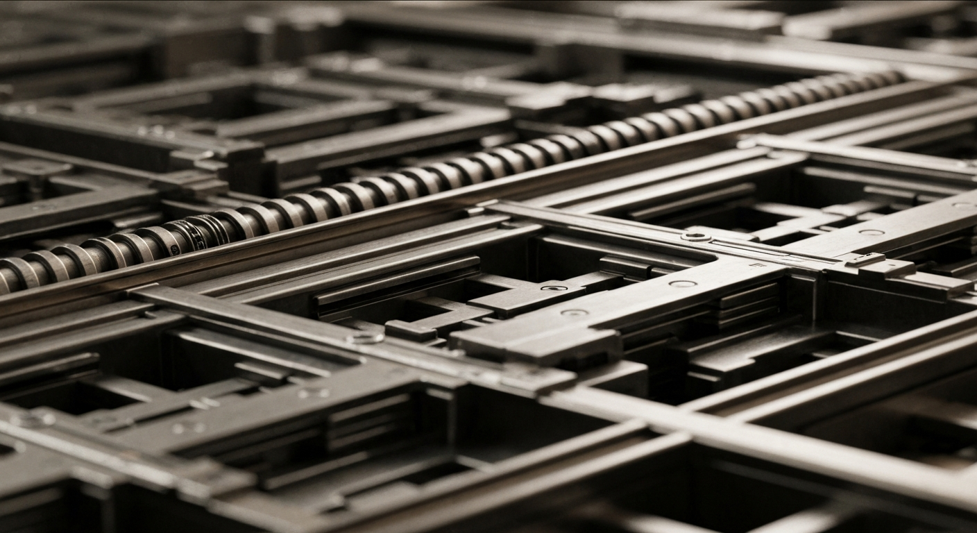 An extreme close-up of gears, levers, and other intricate mechanical components of a banking machine, conveying the dense, industrial nature of the financial industry that CEPT operates in.