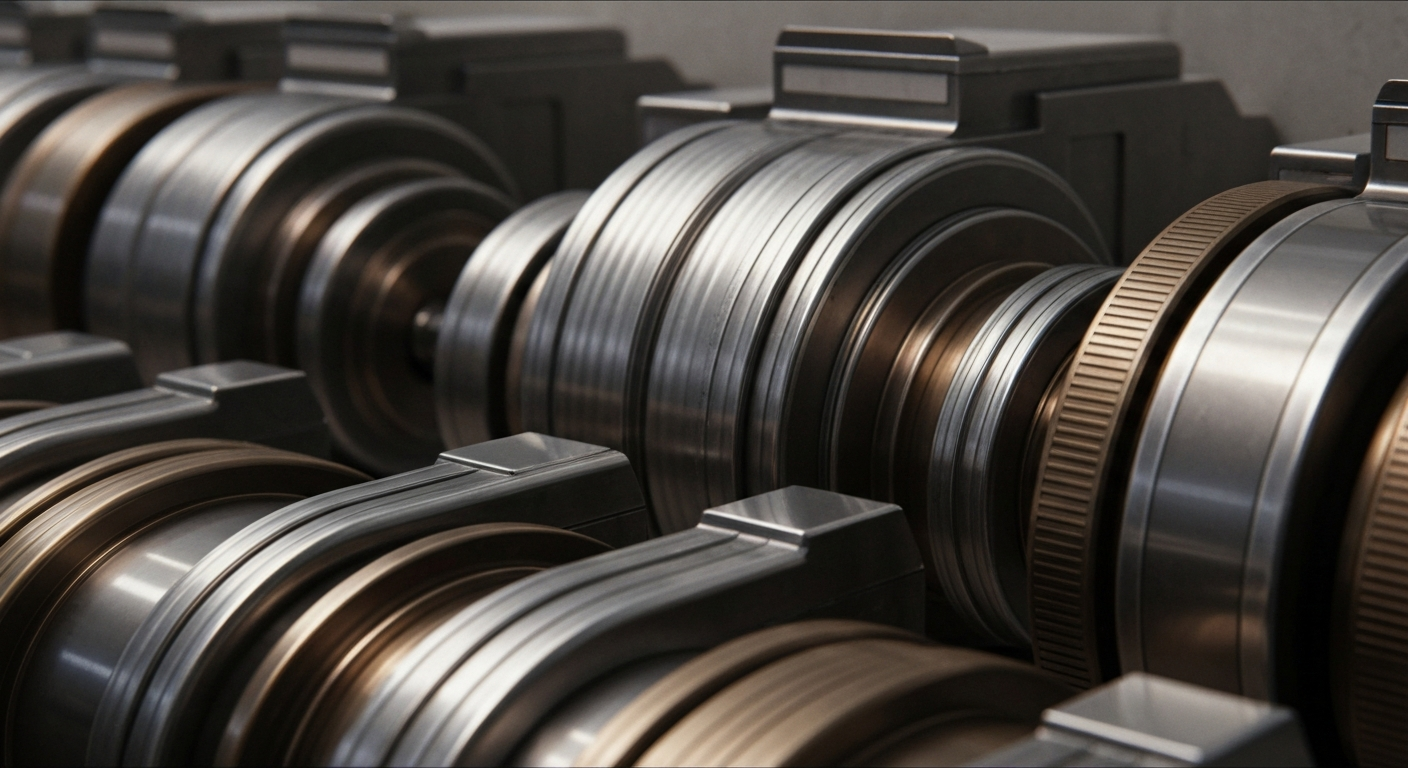 An extreme close-up of gleaming, industrial banking equipment and machinery, conveying the institutional power and financial security of the Madison Square Garden Sports Corp.