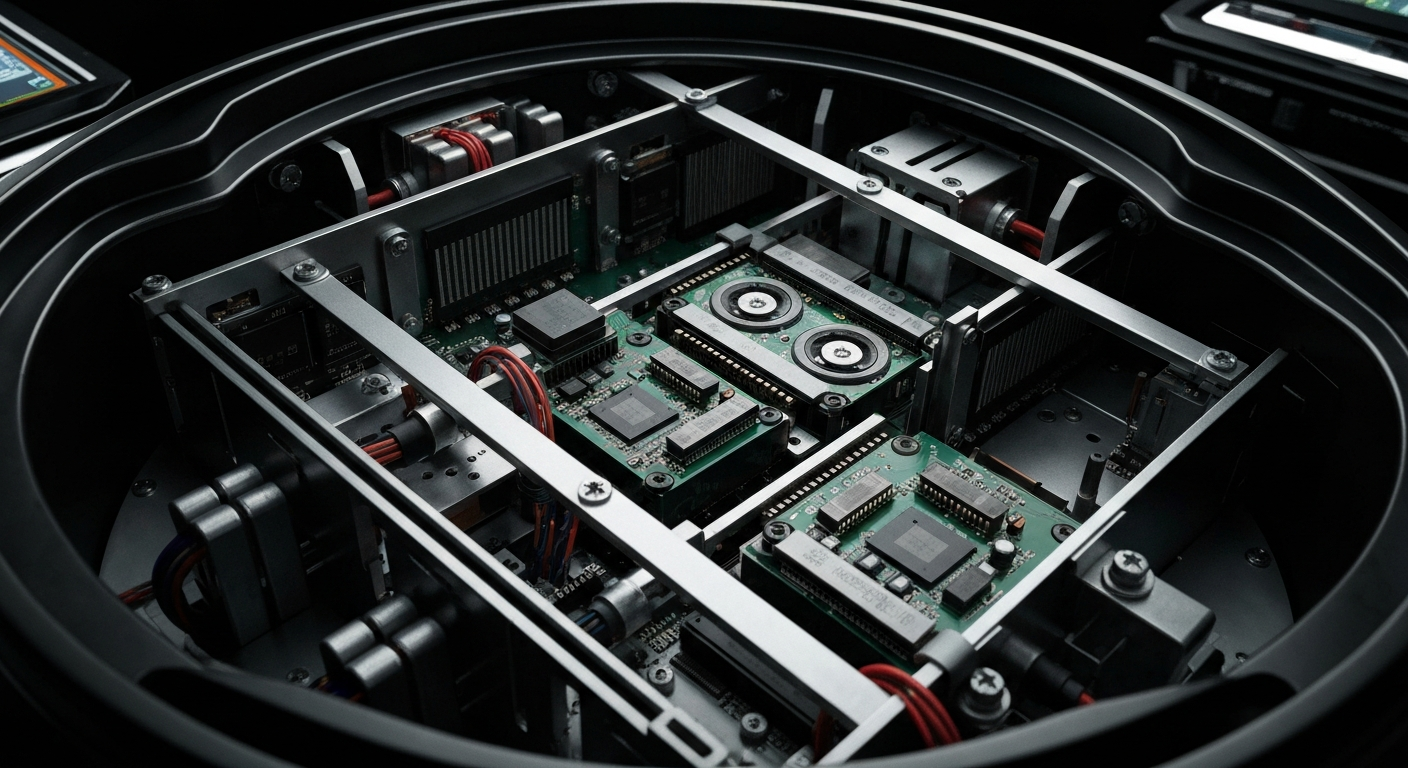 An extreme close-up of the intricate internal components and circuitry of a high-tech electronic gaming terminal, conveying the complex, secure, and technologically advanced nature of Accel Entertainment's products.