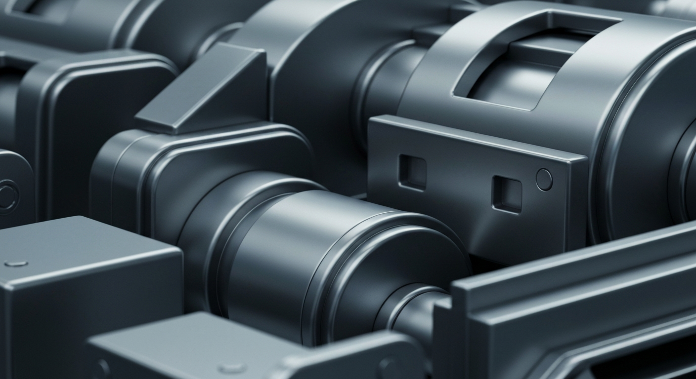 An extreme close-up of gleaming, industrial banking equipment and machinery, conveying a sense of institutional strength and financial stability without using any text or identifiable elements.