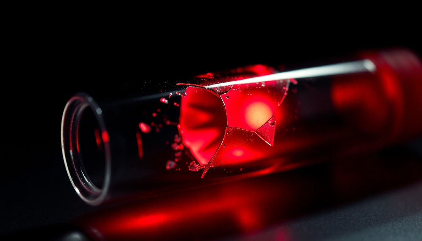 An abstract, high-contrast close-up photograph of shattered glass reflecting a faint red light, conveying the fragility and danger of the drug mule trade depicted in Euphoria.