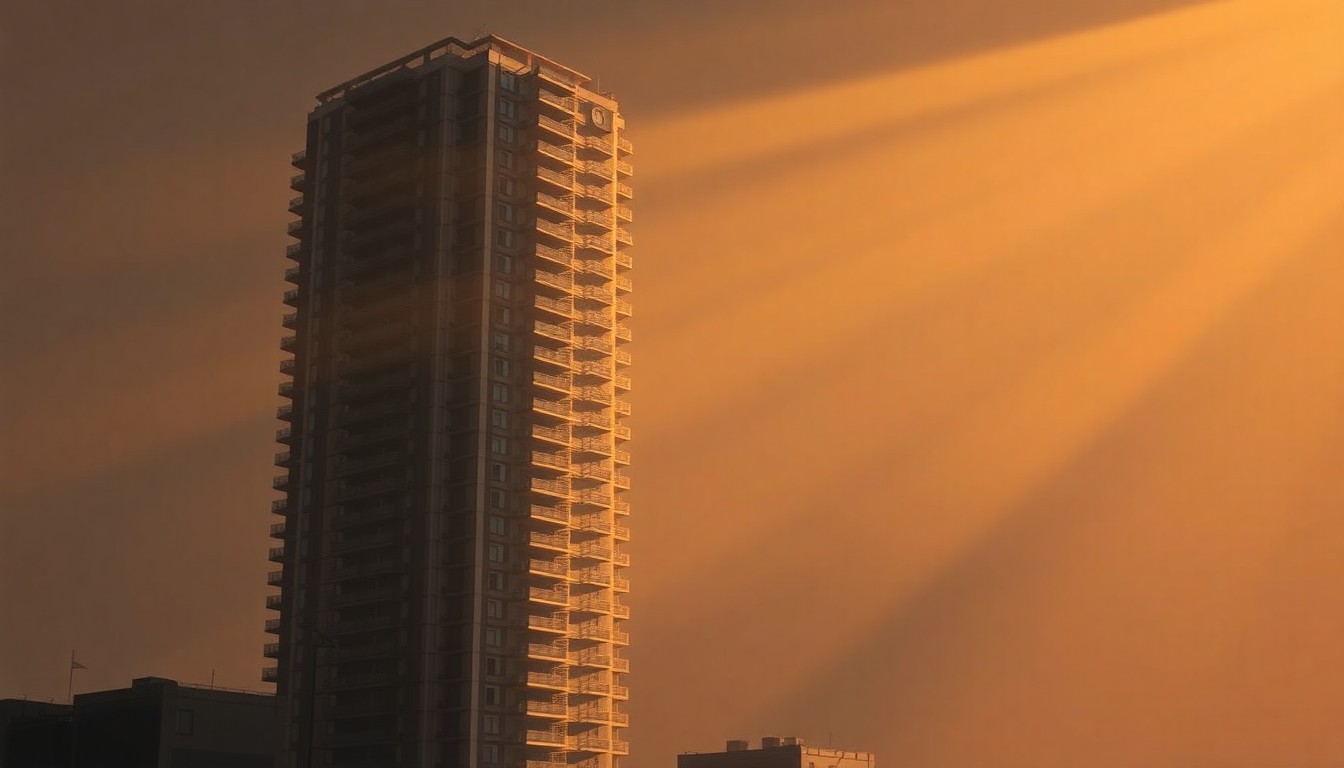 A serene, photorealistic painting of a single high-rise luxury condominium building in New York City, with warm sunlight casting long shadows across the facade and surrounding cityscape, conveying a sense of solitude and contemplation around the issue of taxing non-primary residences.