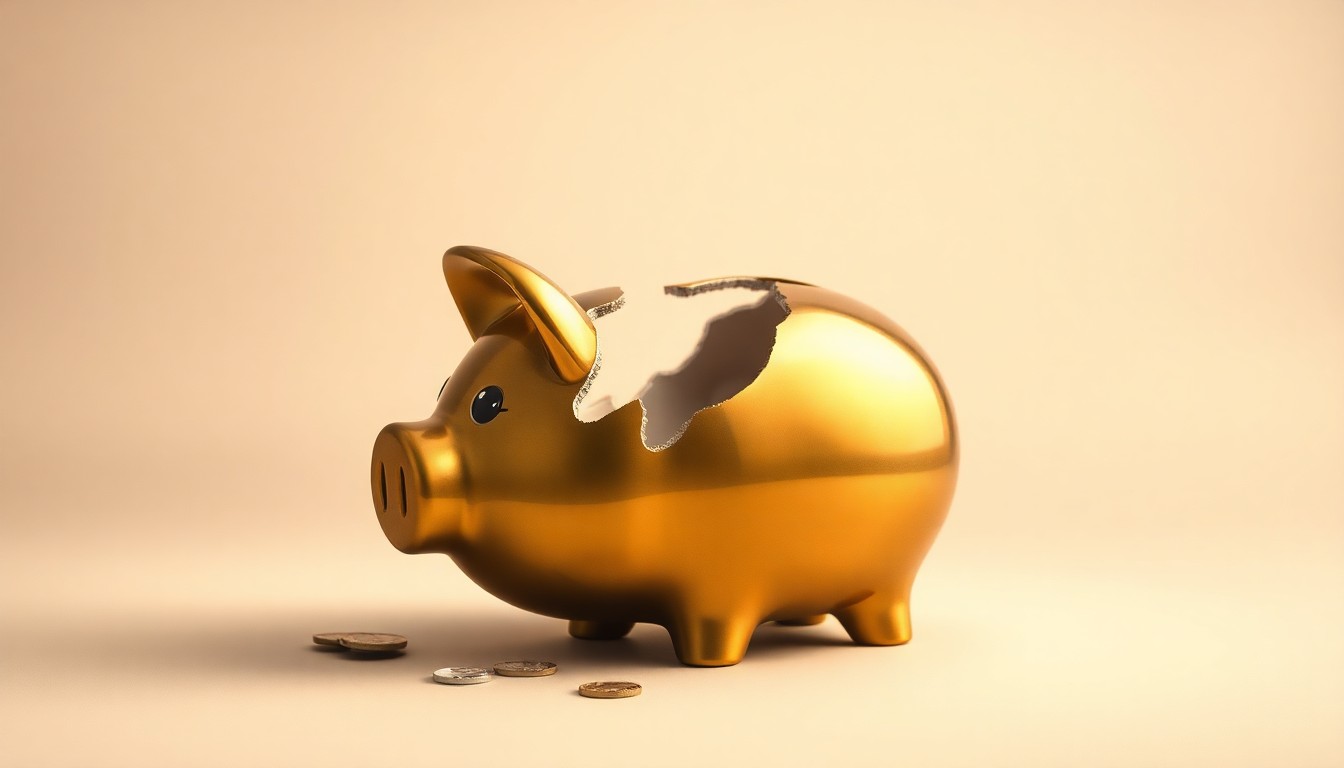A close-up view of a shattered piggy bank made of polished brass or ceramic, resting on a clean, monochromatic background and illuminated by dramatic studio lighting, conceptually representing the financial loss experienced by the Lexington soccer families.