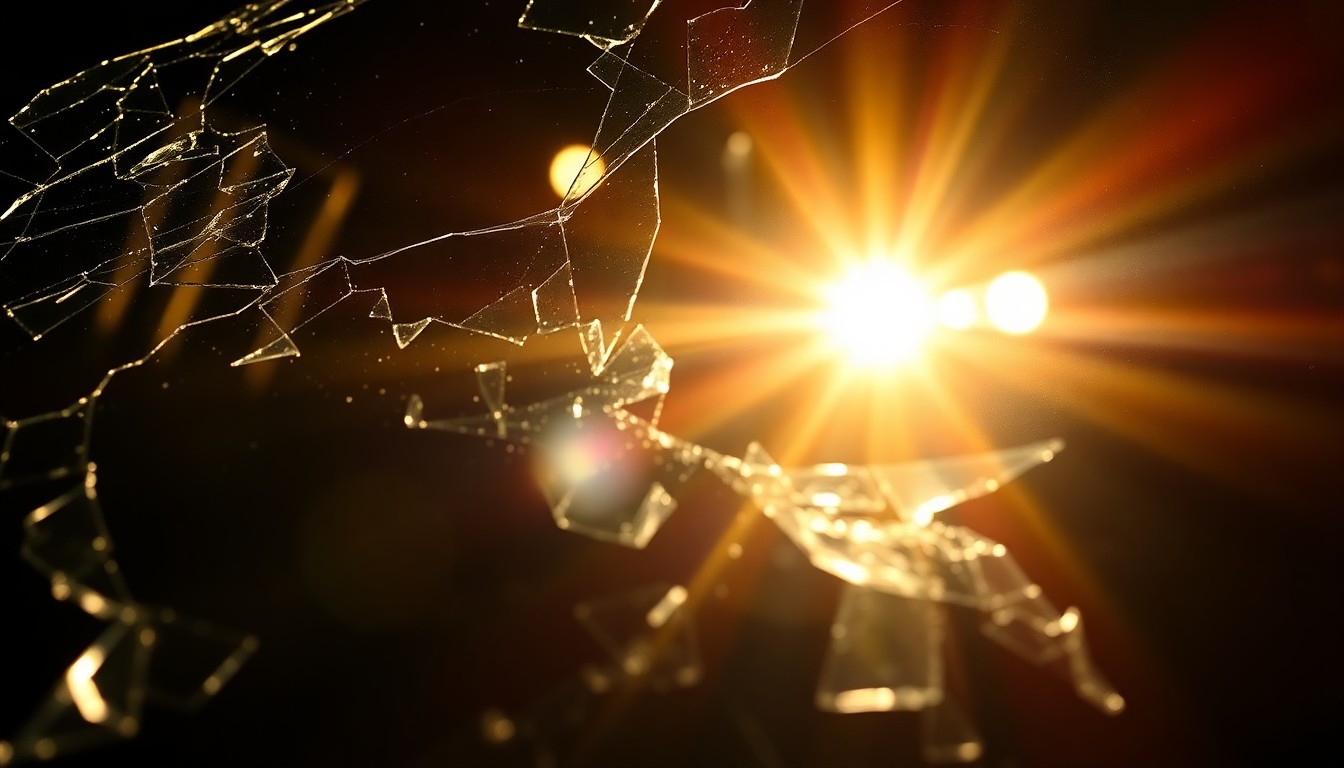 An extreme close-up of a shattered car windshield reflecting the harsh light of a camera flash, conceptually representing the aftermath of a violent car crash.