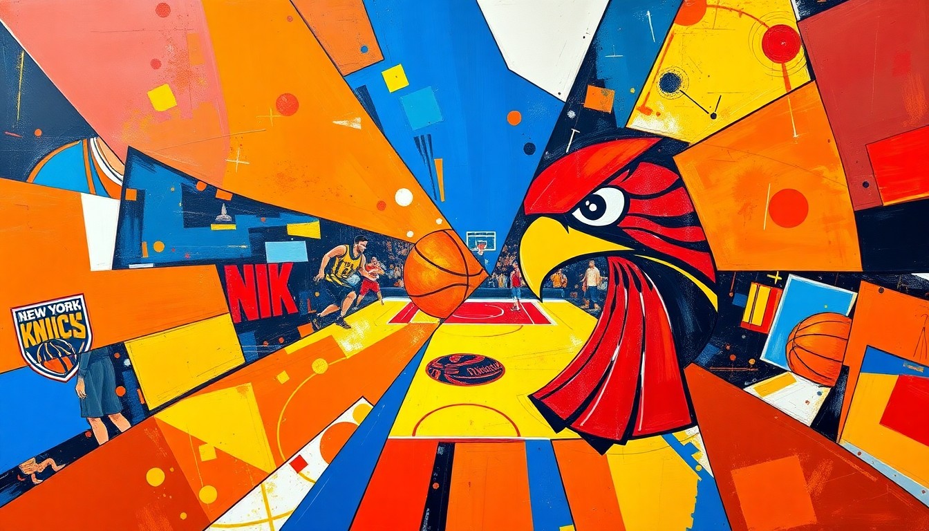 An abstract, cubist-style painting featuring fragmented, geometric shapes in the colors of the New York Knicks and Atlanta Hawks, capturing the energy and intensity of their upcoming playoff series.